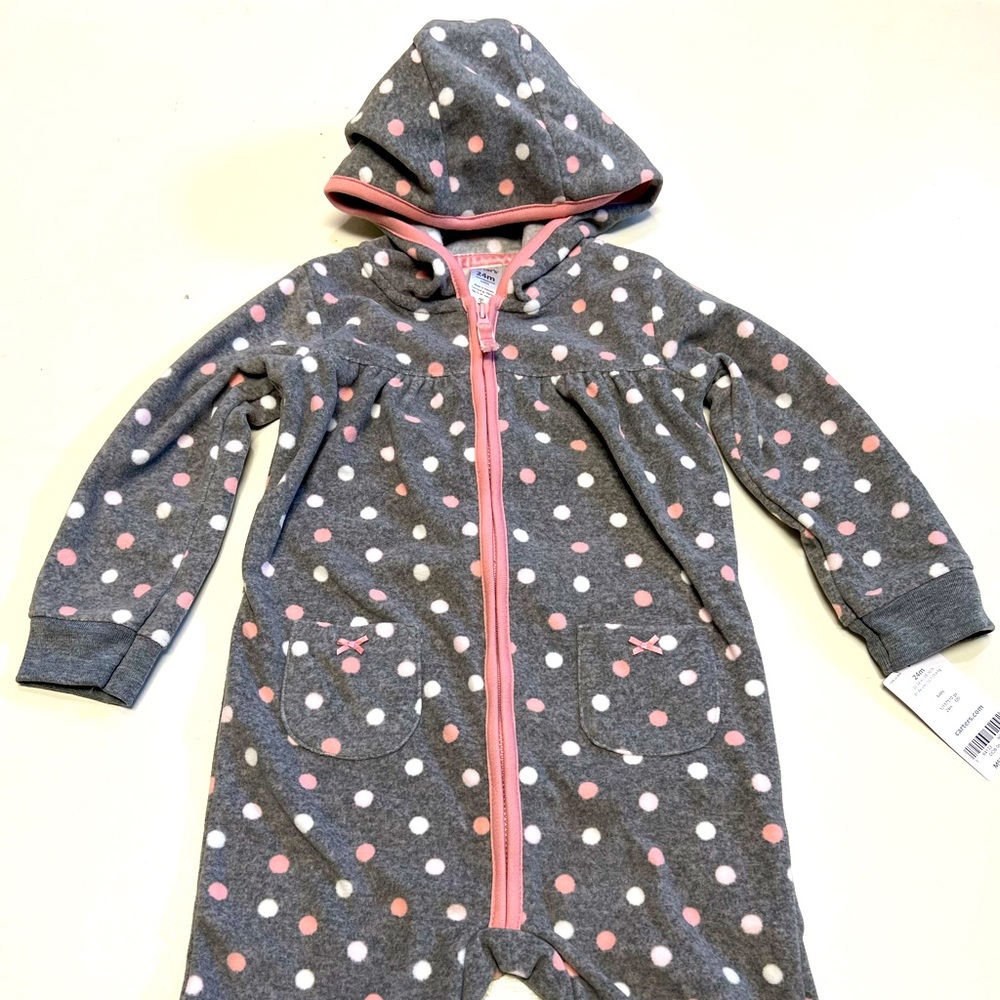 NWT Carter’s Baby Girl Gray Fleece Hooded Winter Pajamas - Size 24 Months